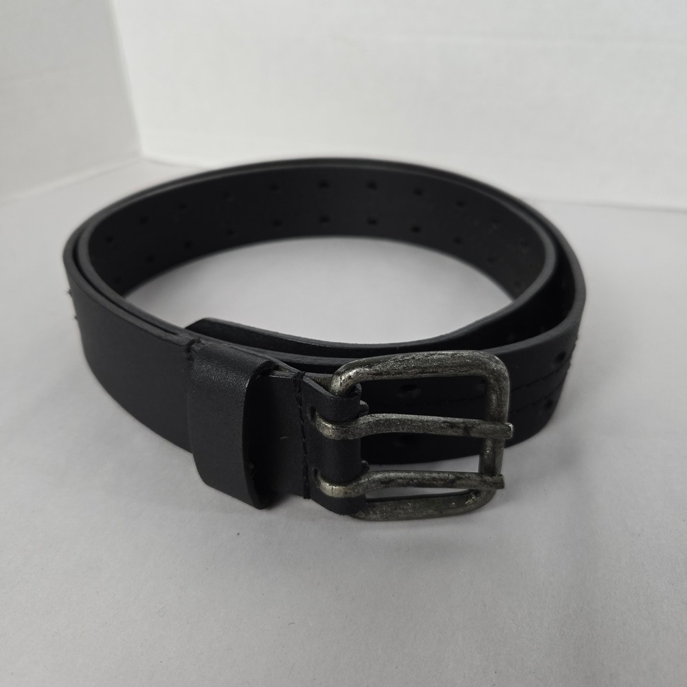 Black Genuine Leather Belt 48 Inch Double Prong Perforated Grunge Moto #1691 - Picture 2 of 6